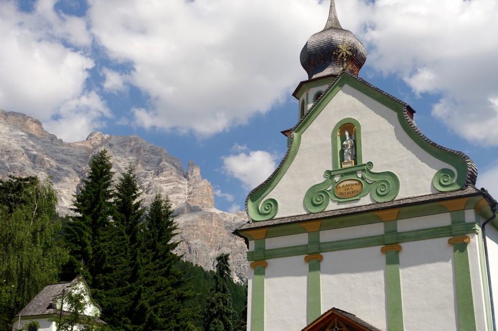 San Cassiano church and mountains