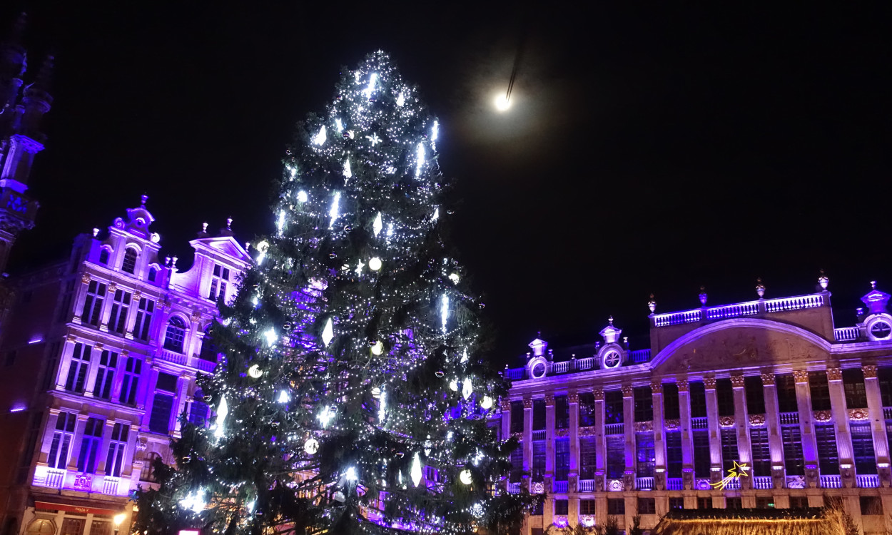 Brussels Grand Place moon over Christmas tree