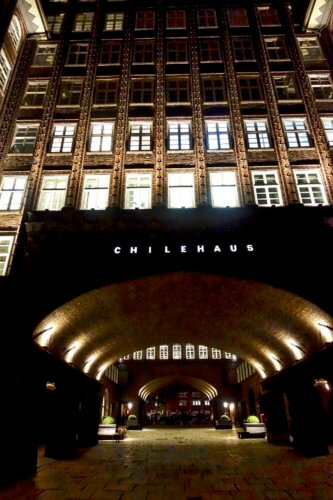 Chilehaus entrance at night