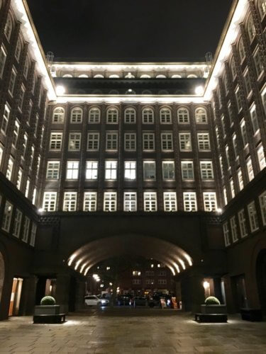Chilehaus courtyard at night