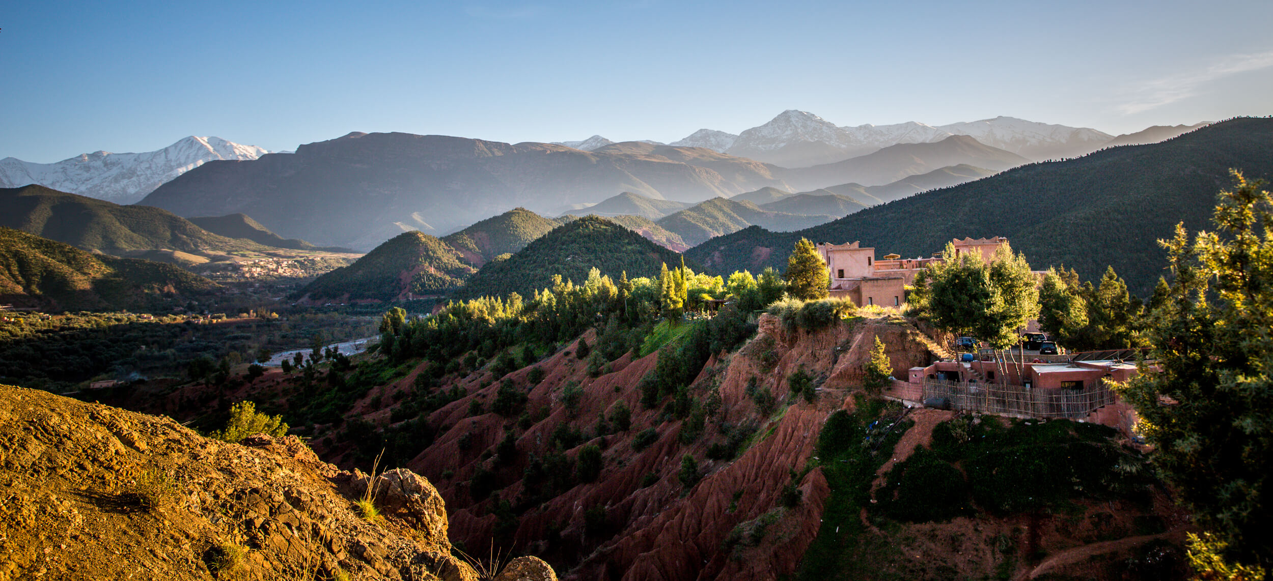 View of Kasbah Bab Ourika at sunset