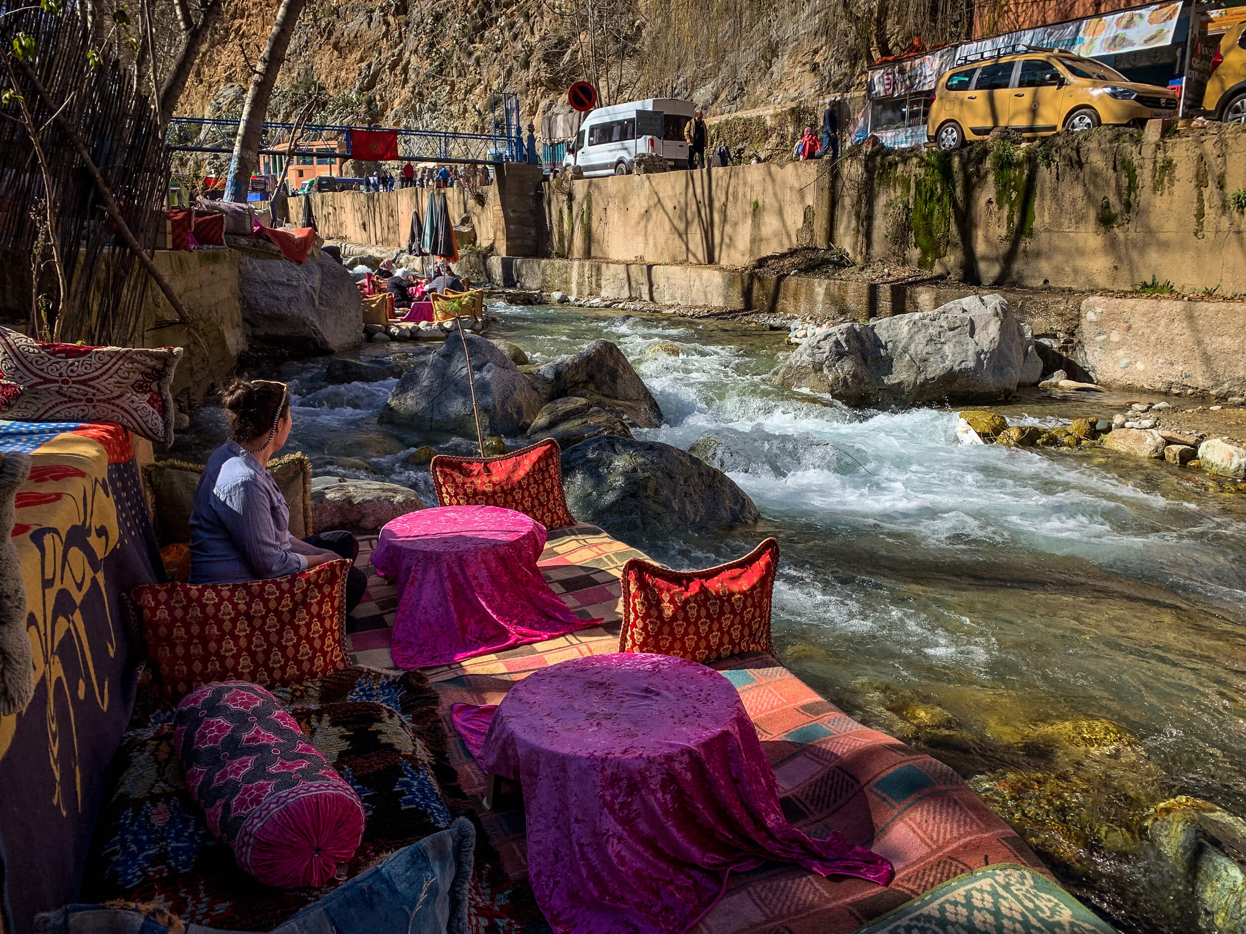 Dining by river Setti Fatma Ourika Valley Morocco